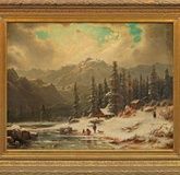 Иоганн Вильгельм Ширмер: Зимний альпийский пейзаж с фигурами и фермой