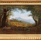"Гребциг 1789-1822: вид на залив Неаполя с горы с деревьями"