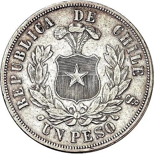 1 песо 1873, серебро (серый цвет) [Чили]