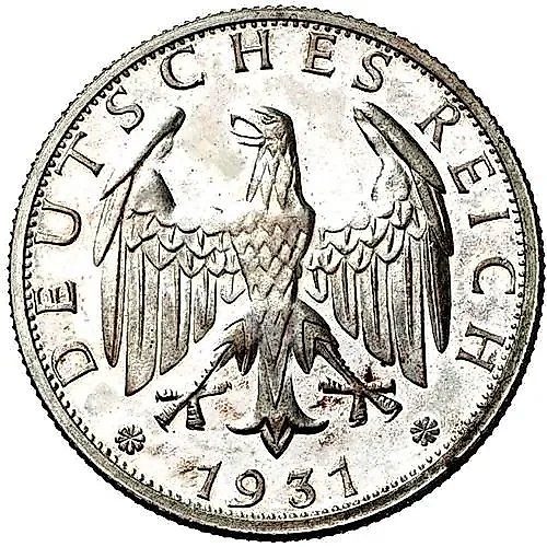 2 рейхсмарки 1931, G, знак монетного двора "G" — Карлсруэ [Германия]
