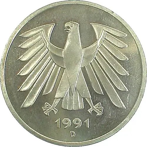 5 Marks 1991, D, Mint Mark "D" - Munich [Germany]