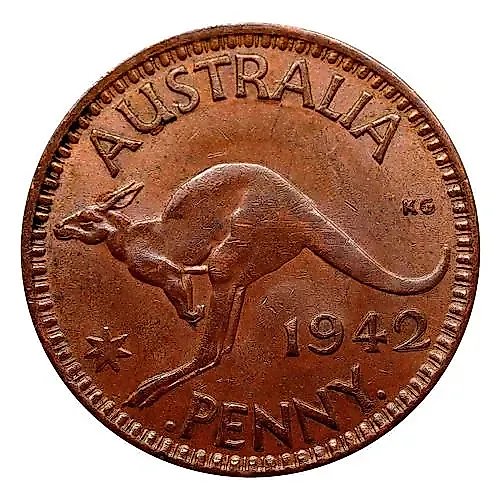 1 Penny 1942, "I" below bust. Dot before and after "PENNY" [Australia]