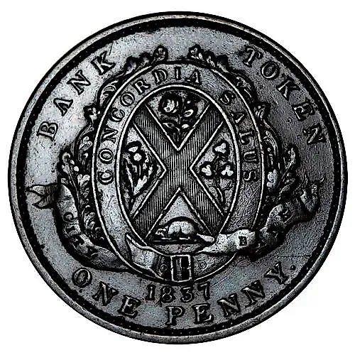 1 пенни 1837, надпись на лентах: City Bank [Канада / Провинции Канады]