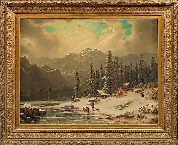 Johann Wilhelm Schirmer: Winter Alpine Landscape with Figures and a Farm