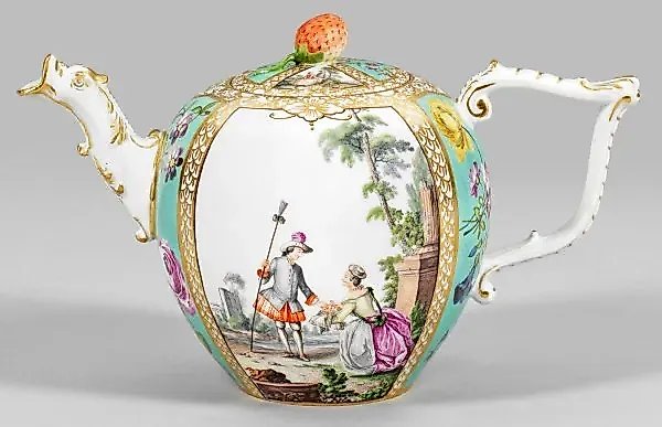 Meissen teapot with a turquoise background and a Watteau scene.