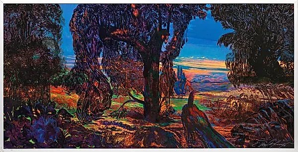 "Peacock: Colored serigraph on solid wood"