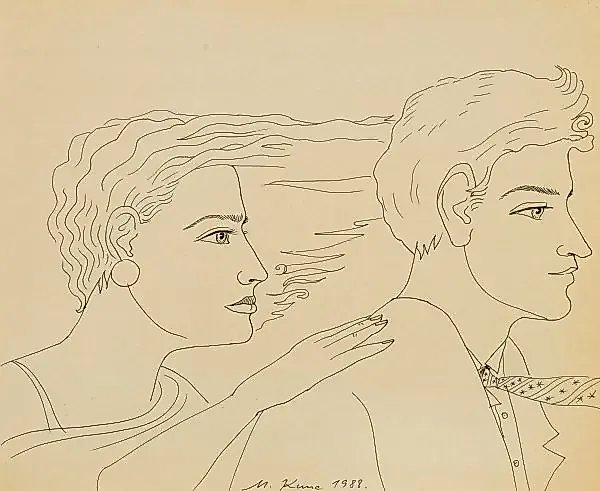 Double portrait of a young couple with hair blowing in the wind