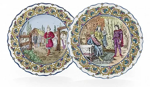 Русские фарфоровые кабинетные тарелки с легендами о Соловее Будимировиче и Чуриле Пленковиче, фабрика М.С. Кузнецова, Тверь, 1870-1889 гг.