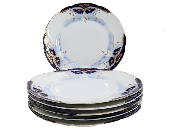 Antique set of 6 Russian porcelain dinner plates by Kuznetsov