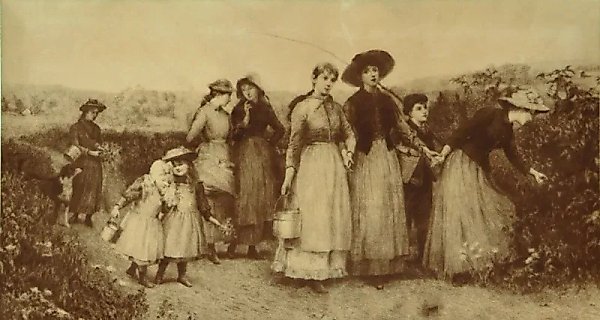 Сборщики ягод гравюра на натуральной коже