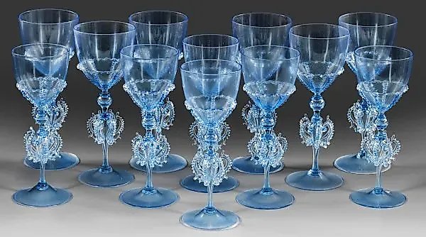 Twelve Murano light blue tapestry wine glasses