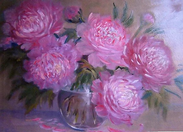 Peonies in Pink Light. Oil on cardboard