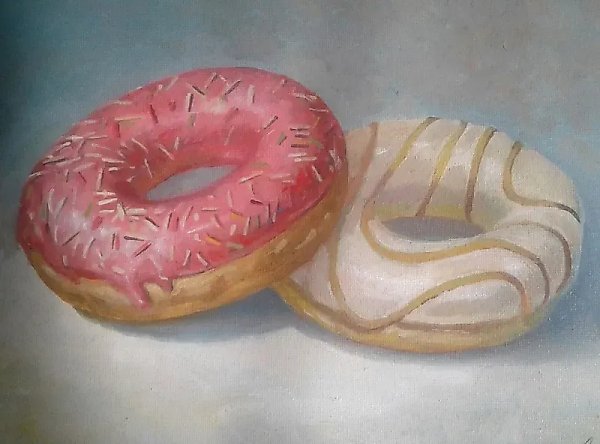 Donuts, oil on canvas board