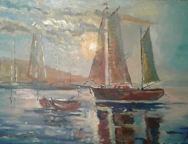 Ship, oil on canvas on cardboard