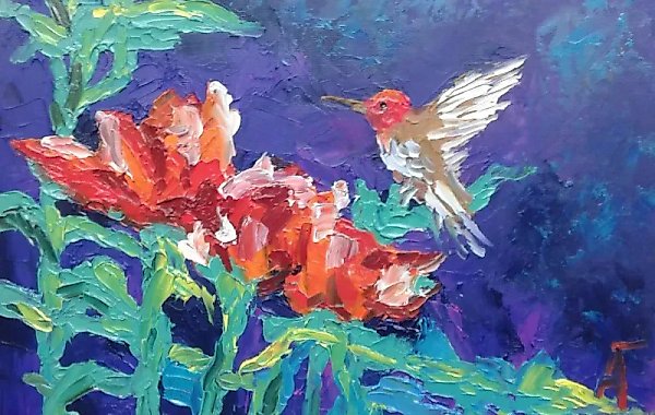 Hummingbird, oil on canvas board
