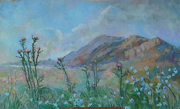 Mountains with Thistle Cardboard, oil