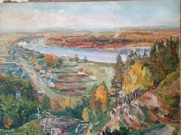 Сибирский пейзаж.Вид с горы "Сполошинская" на речку Бирюсу Холст,масло