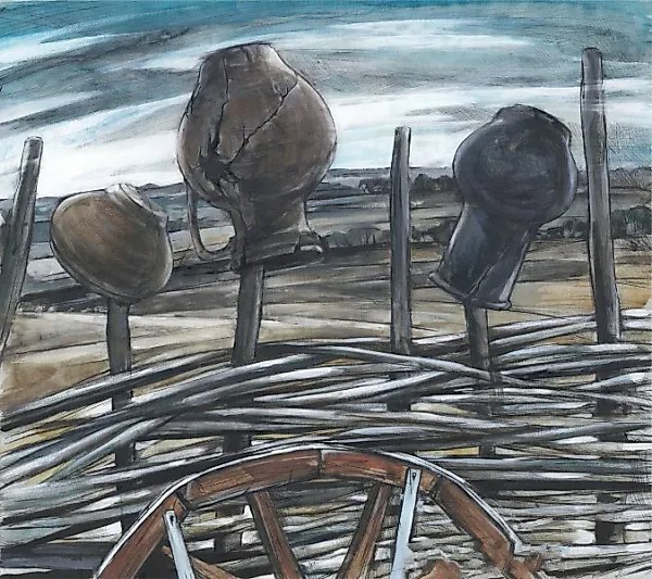 "The War Passed Through the Stanitsa" from the painting series "Cossack Glory" watercolor, ink, white, tinted paper