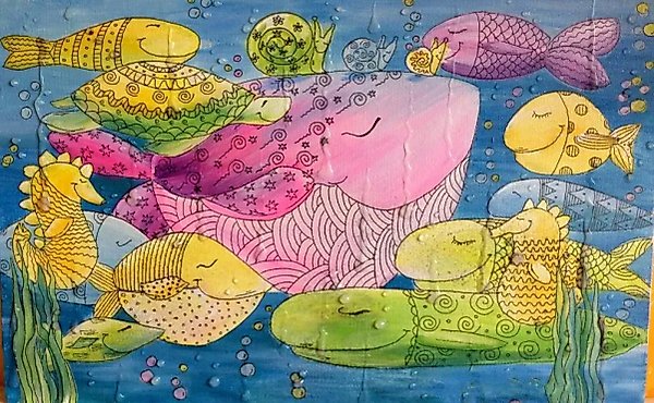 Aquarium  
Canvas on stretcher, acrylic, liner, pearl marker