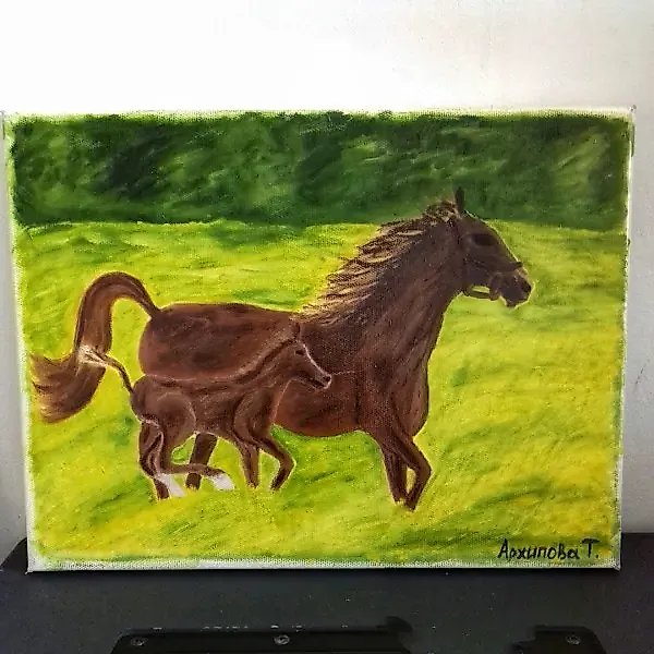 Village of Burgen and Horses, canvas, oil