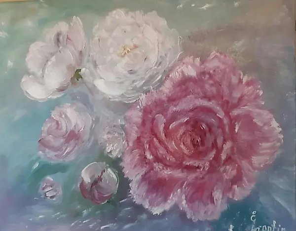 Blooming peonies, oil on canvas