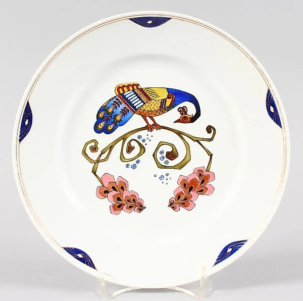 Porcelain plate by M. S. Kuznetsov in Art Nouveau style with a peacock.