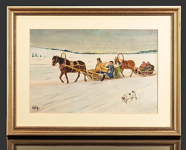Зимний пейзаж с санями, акварель, 1969