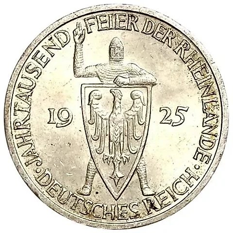3 Reichsmarks 1925, E, Millennium of the Rhineland (Rheinland) [Germany] — 1