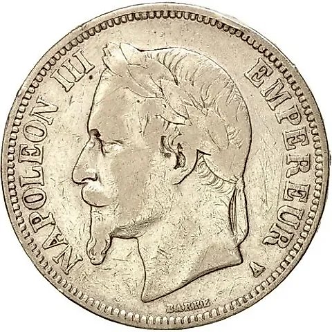 5 Francs 1869, A, Silver /gray color/ [France] — 1