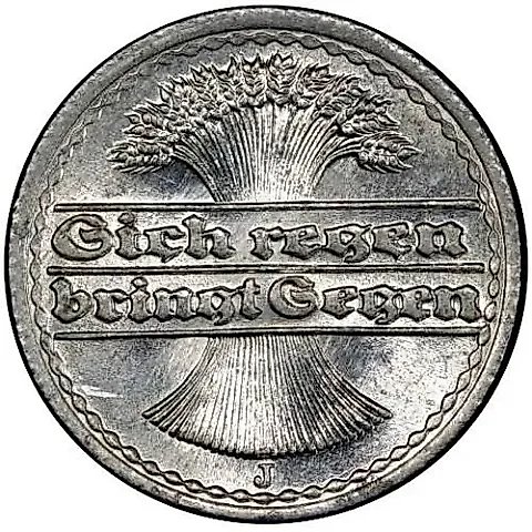 50 пфеннигов 1921, J, знак монетного двора: "J" - Гамбург [Германия / Веймарская республика] — 1