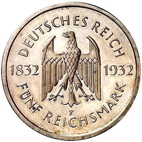 5 Reichsmarks 1932, F, Goethe [Germany] — 1