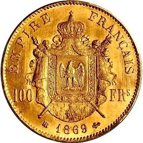 100 Francs 1869, BB, Mint Mark: "BB" - Strasbourg [France] — 1