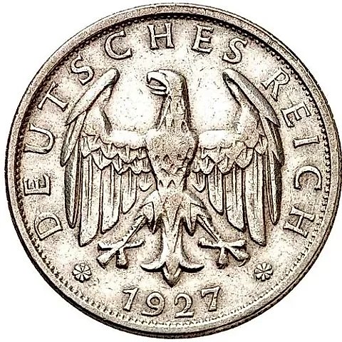 2 рейхсмарки 1927, D, знак монетного двора "D" — Мюнхен [Германия] — 1