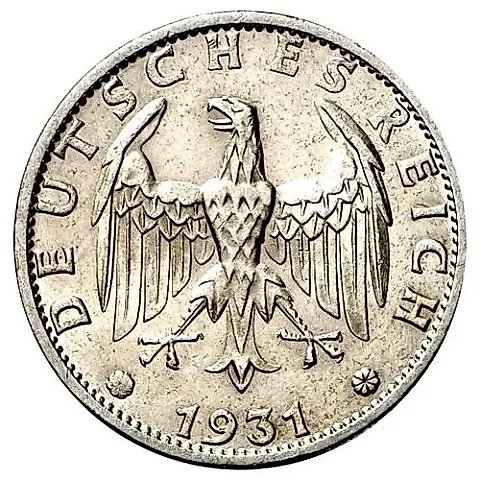 3 рейхсмарки 1931, F, знак монетного двора "F" — Штутгарт [Германия] — 1