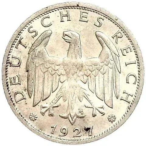 1 рейхсмарка 1927, F, знак монетного двора "F" — Штутгарт [Германия] — 1