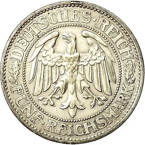 5 Reichsmarks 1932, F, mint mark "F" — Stuttgart [Germany] — 1