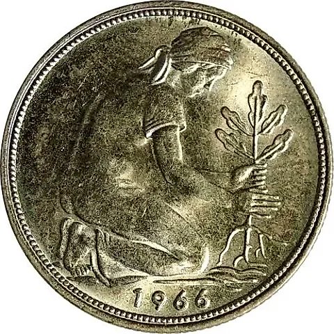 50 Pfennigs 1966, F, Mint Mark: "F" - Stuttgart [Germany / FRG] — 1