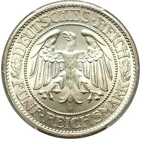 5 рейхсмарок 1931, F, знак монетного двора "F" — Штутгарт [Германия] — 1