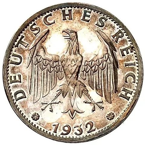 3 рейхсмарки 1932, J, знак монетного двора "J" — Гамбург [Германия] — 1