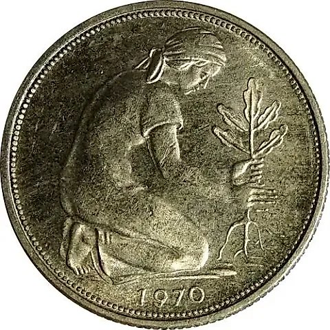 50 пфеннигов 1970, G, знак монетного двора: "G" - Карлсруэ [Германия / ФРГ] — 1