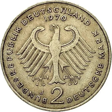 2 марки 1969, J, Конрад Аденауэр, 20 лет Федеративной Республике (1949-1969) [Германия / ФРГ] — 1