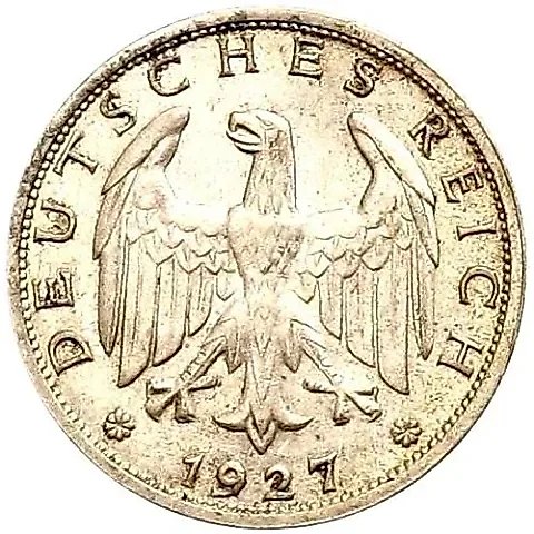 1 рейхсмарка 1927, J, знак монетного двора "J" — Гамбург [Германия] — 1