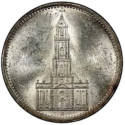 5 Reichsmark 1934, Potsdam Garrison Church, Third Reich, no date on reverse [Germany / Third Reich] — 1