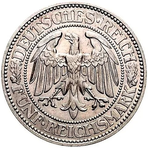 5 рейхсмарок 1927, J, знак монетного двора "J" — Гамбург [Германия] — 1