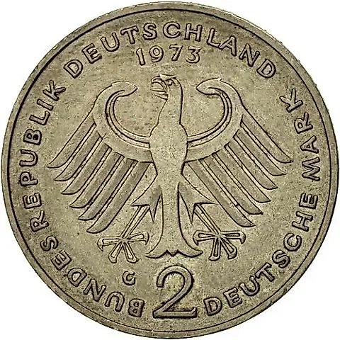 2 марки 1973, G, Теодор Хойс, 20 лет Федеративной Республике (1949-1969) [Германия / ФРГ] — 1