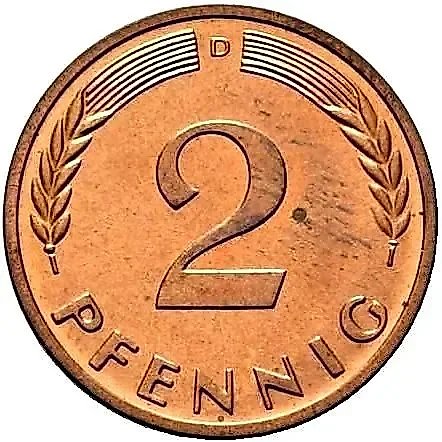 2 пфеннига 1965, D, знак монетного двора: "D" - Мюнхен [Германия / ФРГ] — 1
