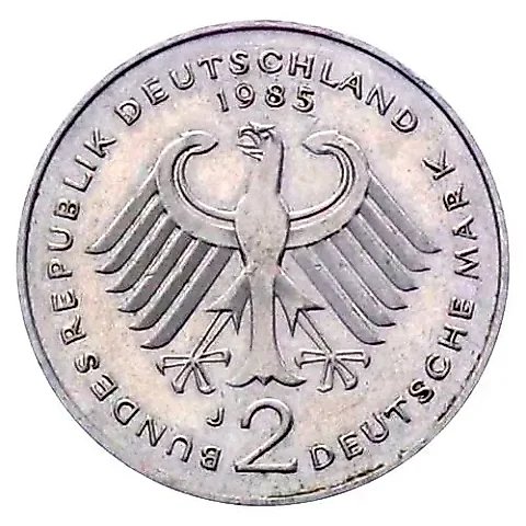 2 марки 1985, J, Конрад Аденауэр, 20 лет Федеративной Республике (1949-1969) [Германия / ФРГ] — 1