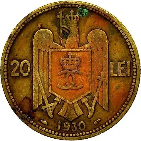20 Lei 1930, Shell and Wing, Portrait of Carol II [Romania] — 2