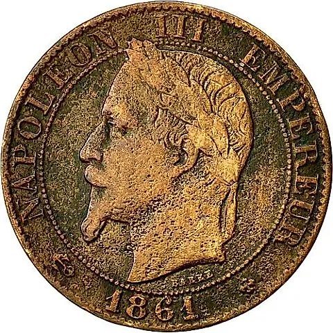 5 сантимов 1861, BB, знак монетного двора: "BB" - Страсбург [Франция] — 1