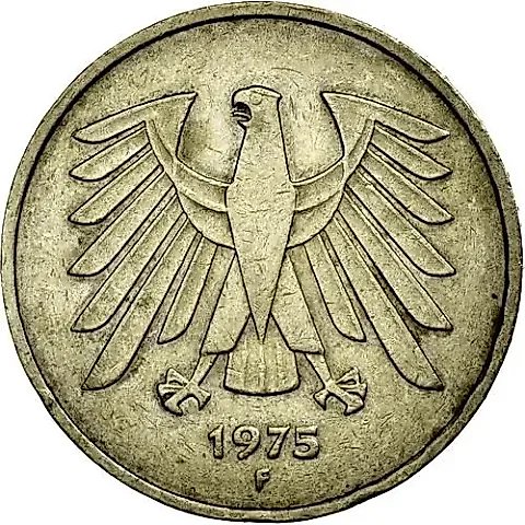 5 марок 1975, F, знак монетного двора: "F" - Штутгарт [Германия / ФРГ] — 1